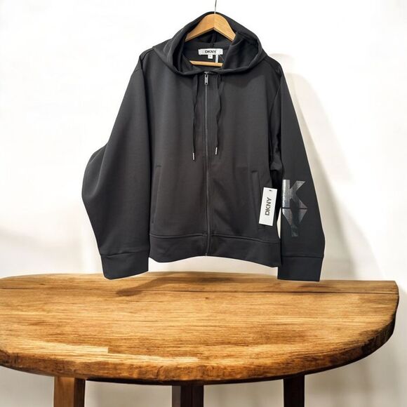 Dkny Tops - DKNY Black Zip‎ Up Hoodie Sweatshirt Graphic Logo Sleeve Athleisure Sport 2X